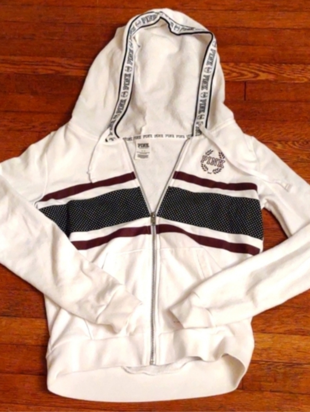 PINK Victoria's Secret White Zip Hoodie with Maroon Stripes & Black Dot Panels